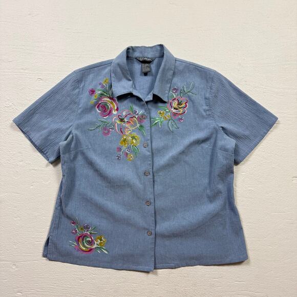 Vintage CityBlues By Koret Floral Embroidered Chambray Button Up Top, Size PL - Picture 1 of 7